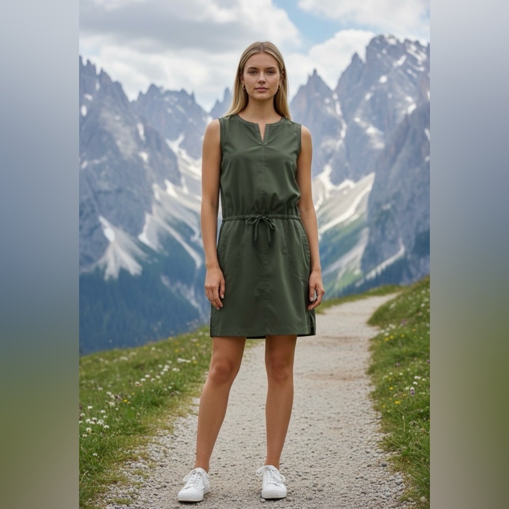 LOLË, Sleeveless Active Dress, Size M, Olive Green, Adjustable Waist